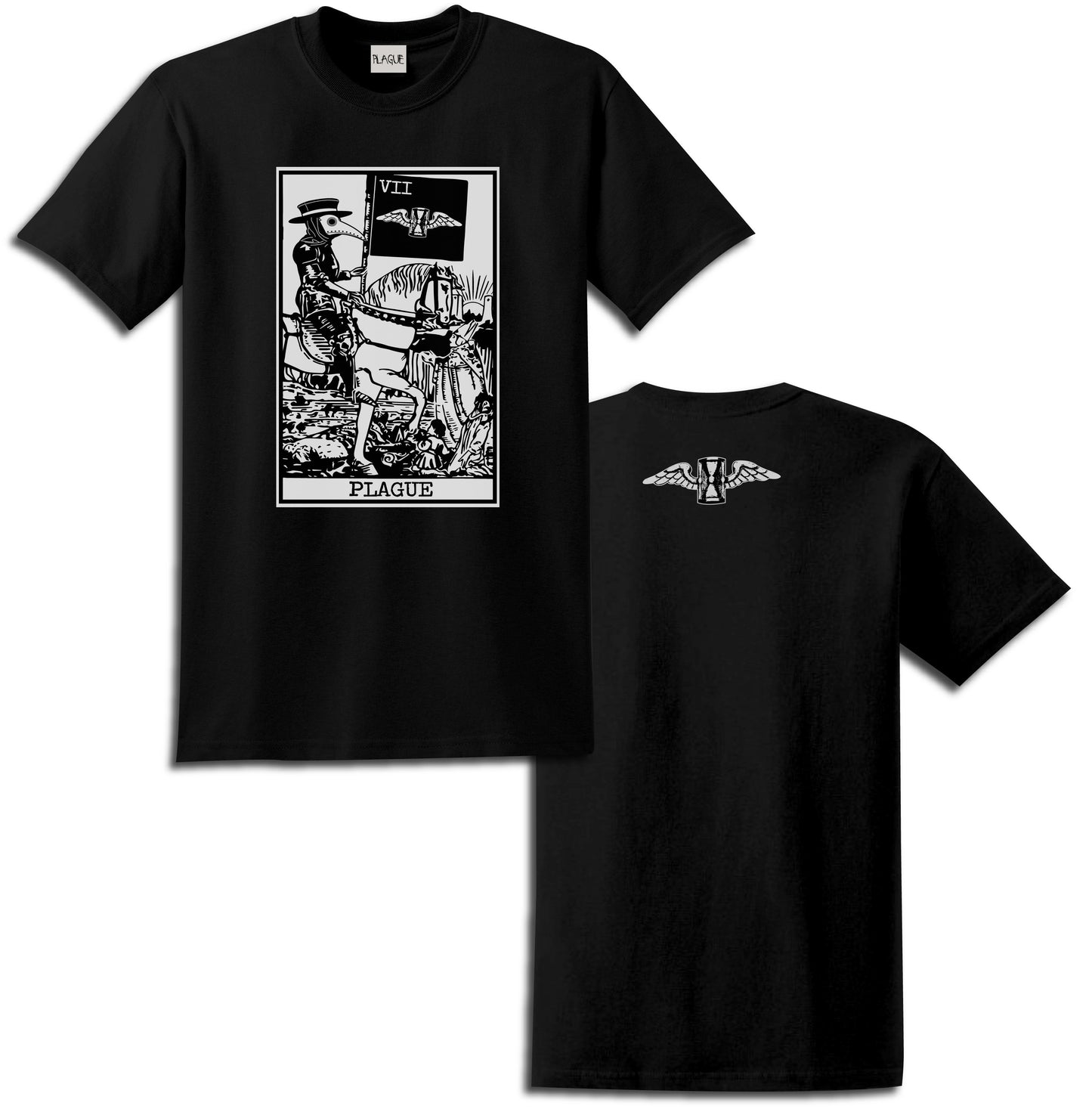 Classic tarot card with a twist. Featuring the "Plague Card" on the front of tee. Small back design of an hour class with wings near the collar of shirt. Available in black and white.