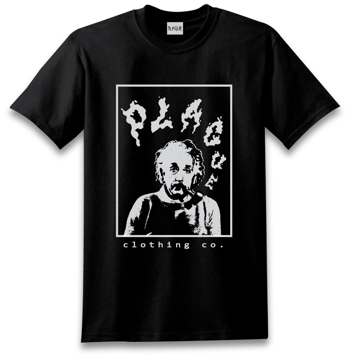 Realistic print of Einstein smoking a pipe, with smoky text reading "plague" on front of a black tee.