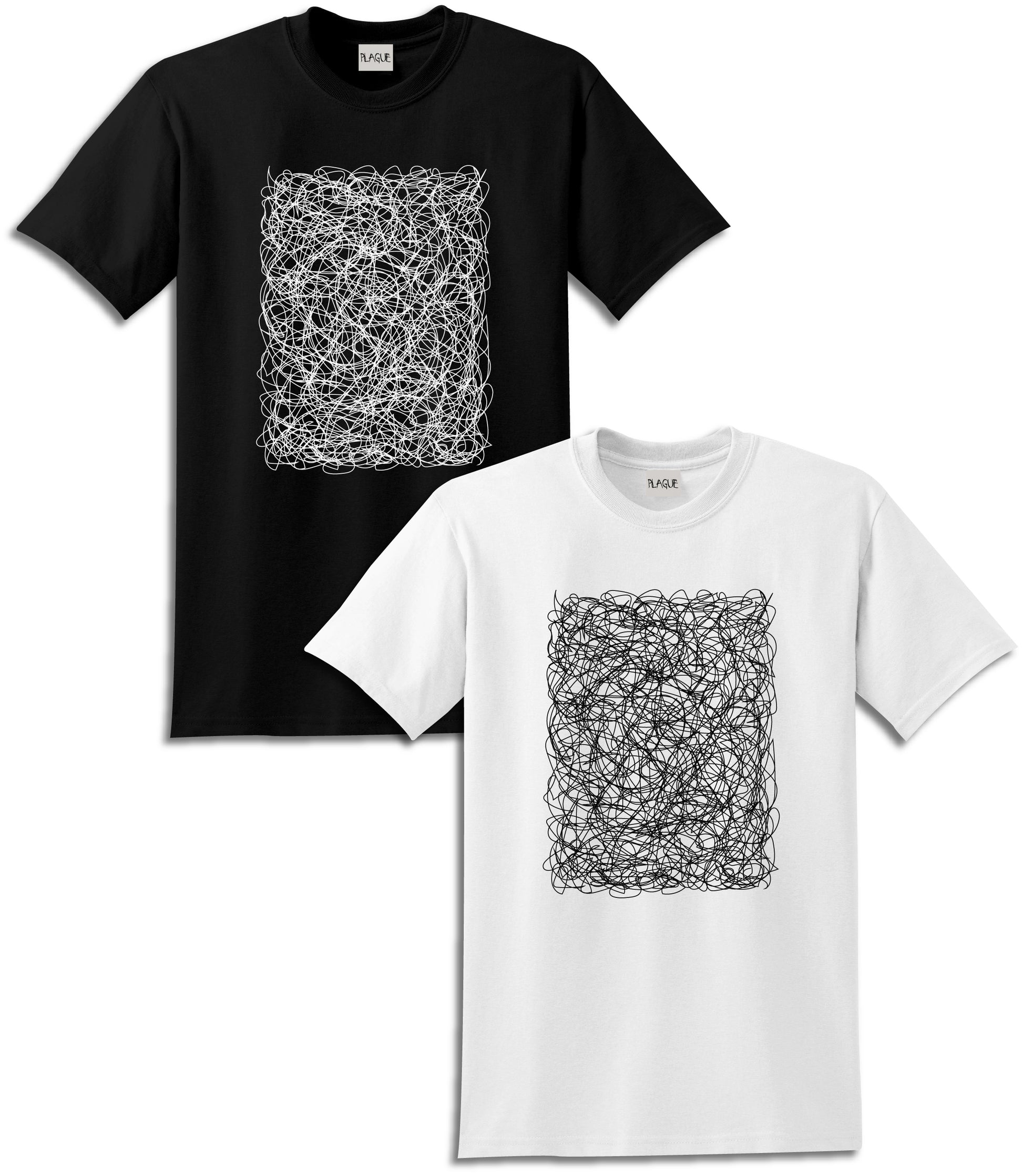 Scribbled lines all over the front of shirt. Available in black and white.  